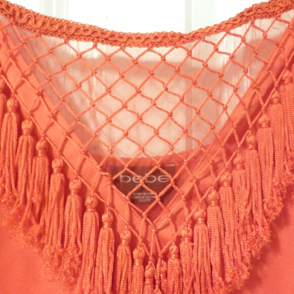 BEBE bright orange satin top with tassels and bubble hem - Picture 10 of 11
